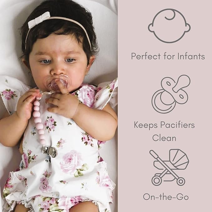 Ali+Oli Silicone Pacifier Clip for Baby (Pink) 100% Food-Grade BPA Free Newborn Pacifier Holder Infant Binky Clip for Baby Boy or Girl