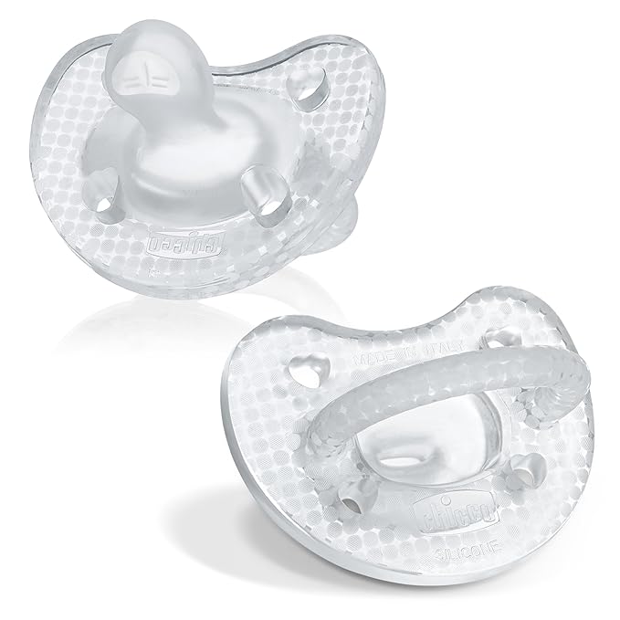 Chicco PhysioForma Luxe Orthodontic Pacifier for Babies 0-6 Months, One-Piece 100% Soft Silicone, Supports Breathing, Textured Shield & Handle, Included Sterilizing Case, BPA Free, 2-Pack, Crystal