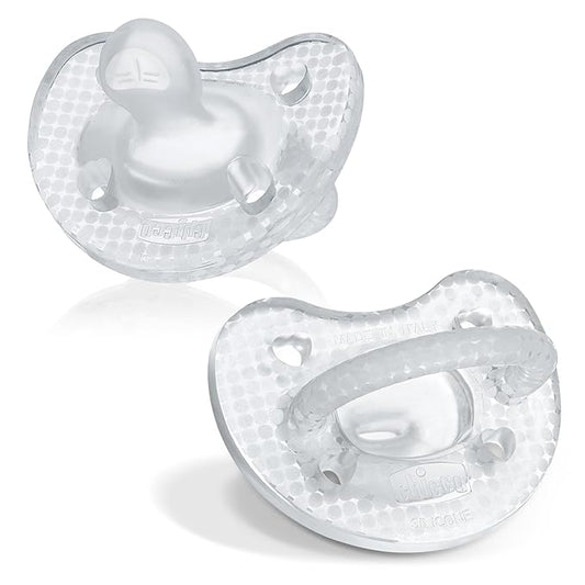 Chicco PhysioForma Luxe Orthodontic Pacifier for Babies 0-6 Months, One-Piece 100% Soft Silicone, Supports Breathing, Textured Shield & Handle, Included Sterilizing Case, BPA Free, 2-Pack, Crystal