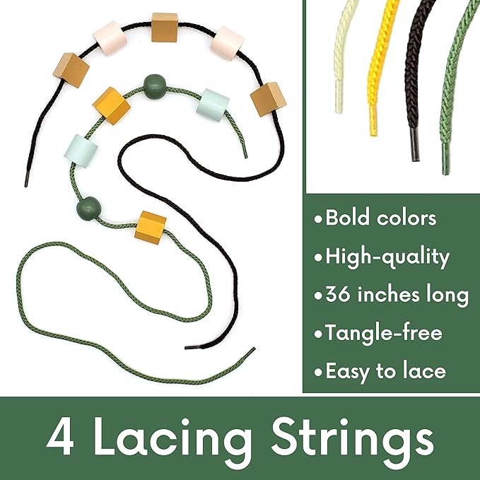 Wooden Lacing Beads & Strings 125 Pieces, Fine Motor Skills Toys for 3 Year Old, Boho Colors