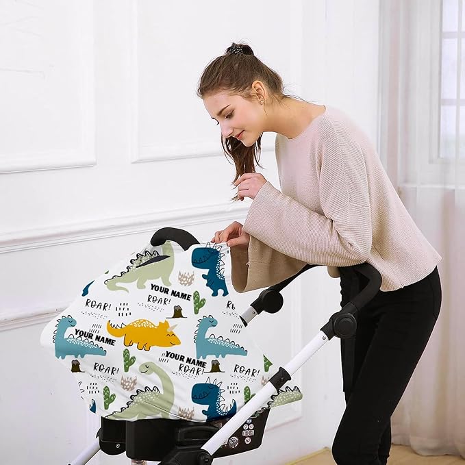 Personalised Car Seat Cover for Girls and Boys - 7 in 1 Multipurpose Breast Feeding Cover, Yellow Dinosaur Print Nursing Cover, Grocery Cart Cover - Birthday Gift for Babies(27"x29")