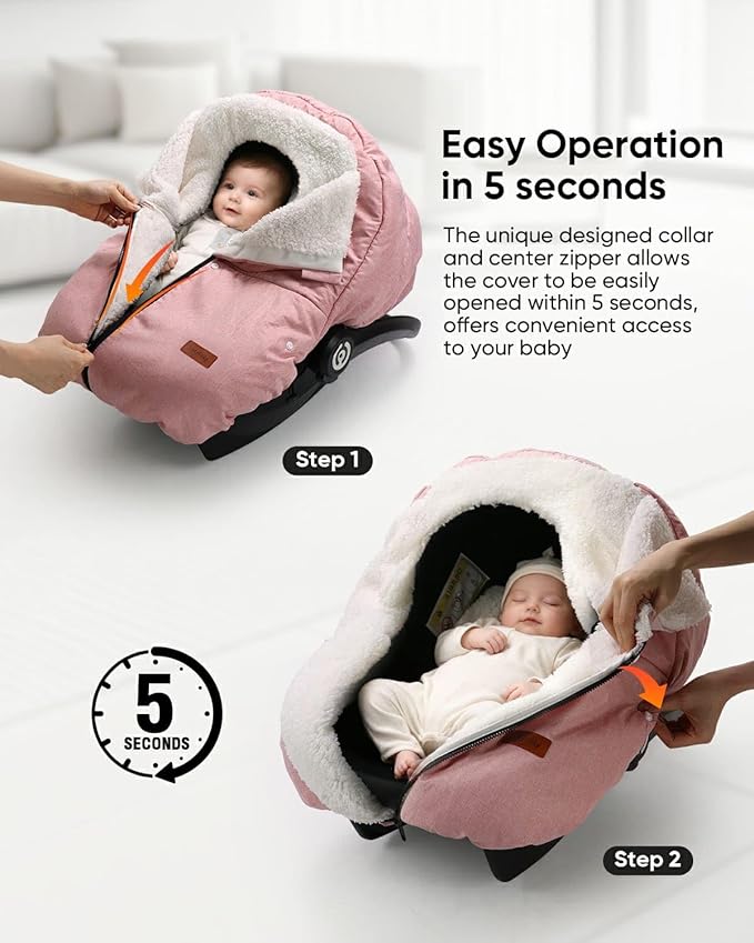 TinlyFinly Winter Car Seat Cover for Baby Car Seat and Stroller, Cold Weather Infant Carseat Canopy, Waterproof and Easy Access, Protect Baby Boys Girls from Cold Wind (Pink)