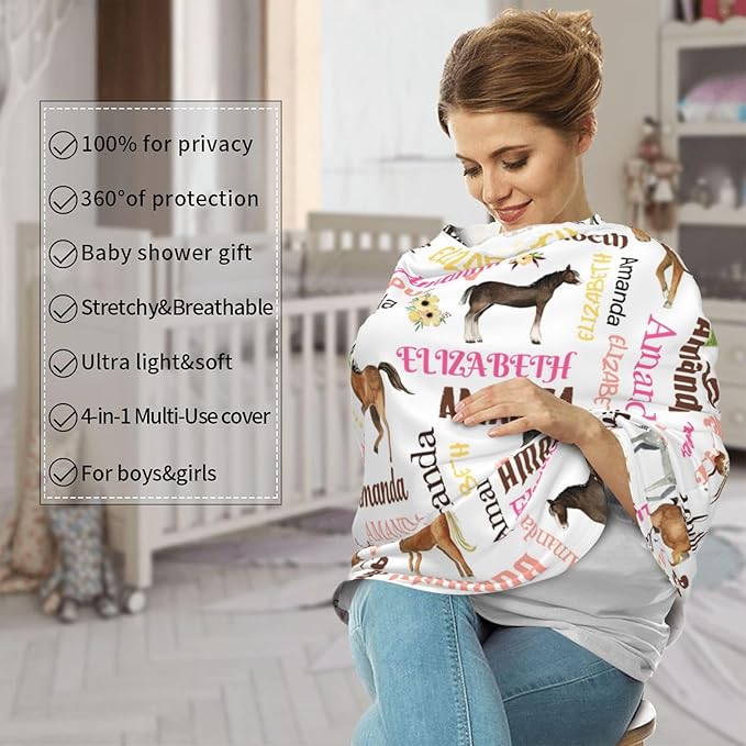 Personalized Baby Car Seat Cover for Girls, Custom Floral Horse Nursing Covers for Breastfeeding with Name, Infant Stroller Cover, Baby Carseat Canopy for Newborn, Multiuse Car Seat Canopies