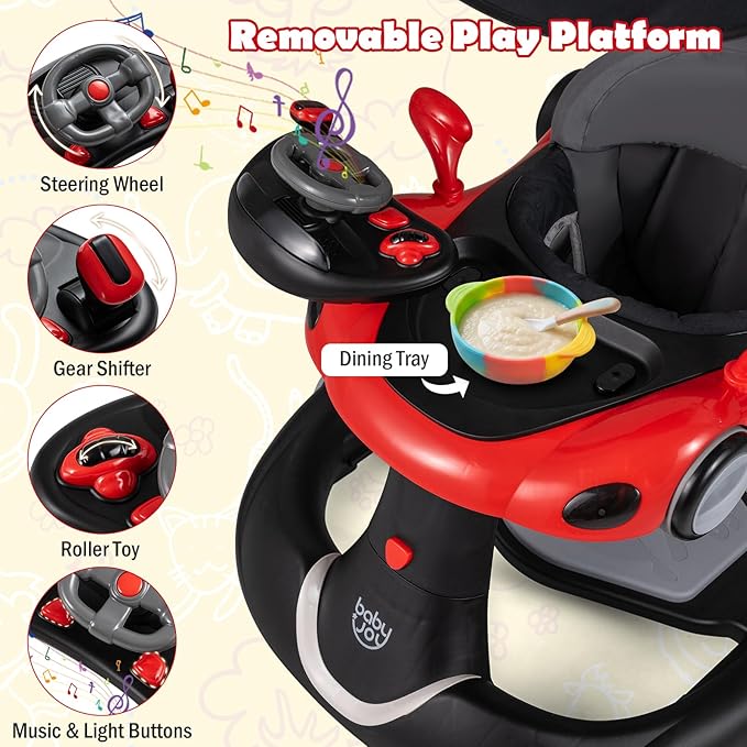 HONEY JOY Baby Walker, 7-in-1 Foldable Baby Bouncer and Rocker Combo, Infant Activity Center w/Canopy, Wheels, Adjustable Height/Speed, Music, Lights, Walker for Baby Boy Girl 7-18 Months (Red)