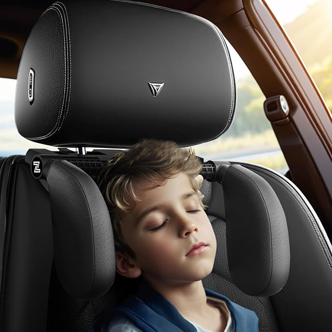 Car Headrest Pillow, [Supersleep] Road Pal Headrest with PU/Sponge Pad, 360° Adjustable Car Seat Head Neck Support, U Shaped Car Sleeping Pillow for Kids & Adults (Black-US Patent Design)