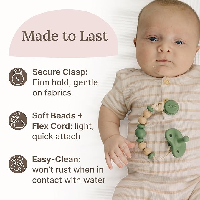 Silicone Pacifier Clip – Metal-Free, Rust-Free, 100% Food-Grade Silicone and Natural Beech Wood, Secure Pacifier Holder – Olive - Mila & Lulu
