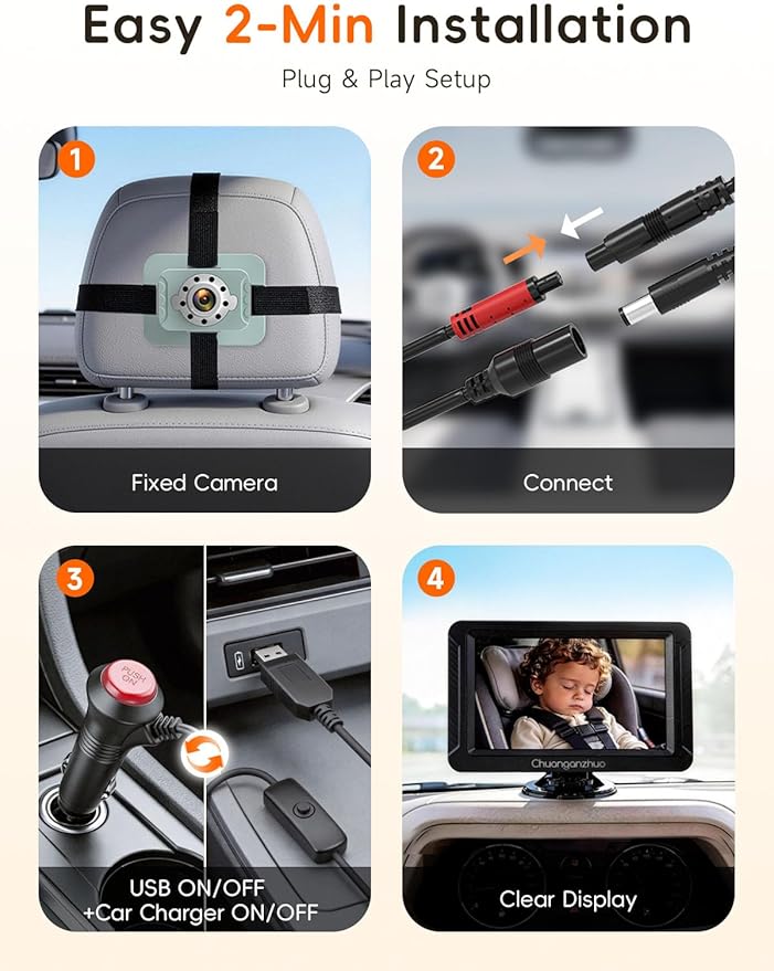 S100C Baby Camera for Car USB Powered, Crystal Clear Auto IR Night Vision in Total Dark, Adjust Brightness & 1080P 5" IPS Monitor, 3X Zoom & 360° Rotating Backseat/Carseat Camera for Baby in Car