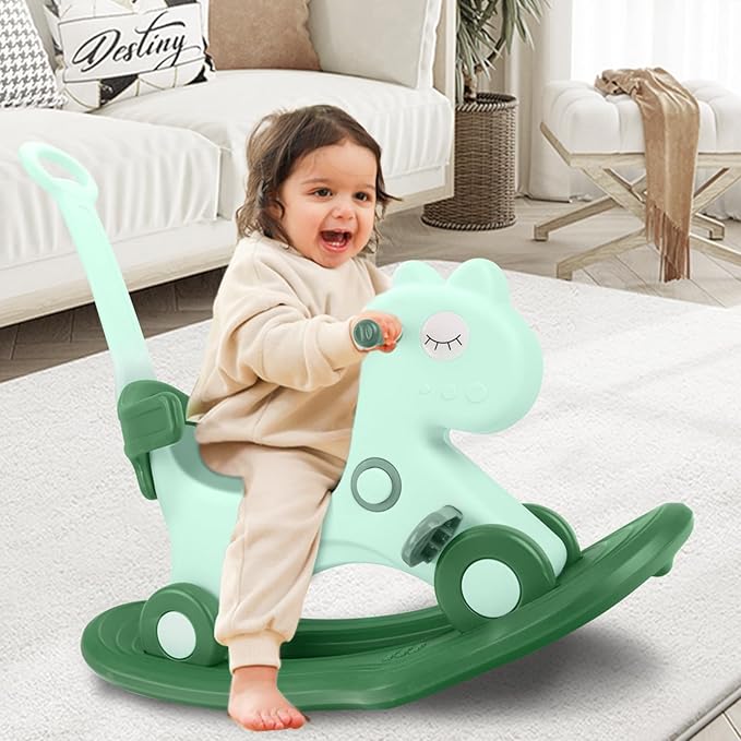 4 in 1 Rocking Horse for Toddlers 1-3 Years Old, Baby Rocking Toy Fun Birthday Gift for 1+ Kids, Ride on Toy with Detachable Balance Board and Footrest，Balance Bike with Push Handle(Green)