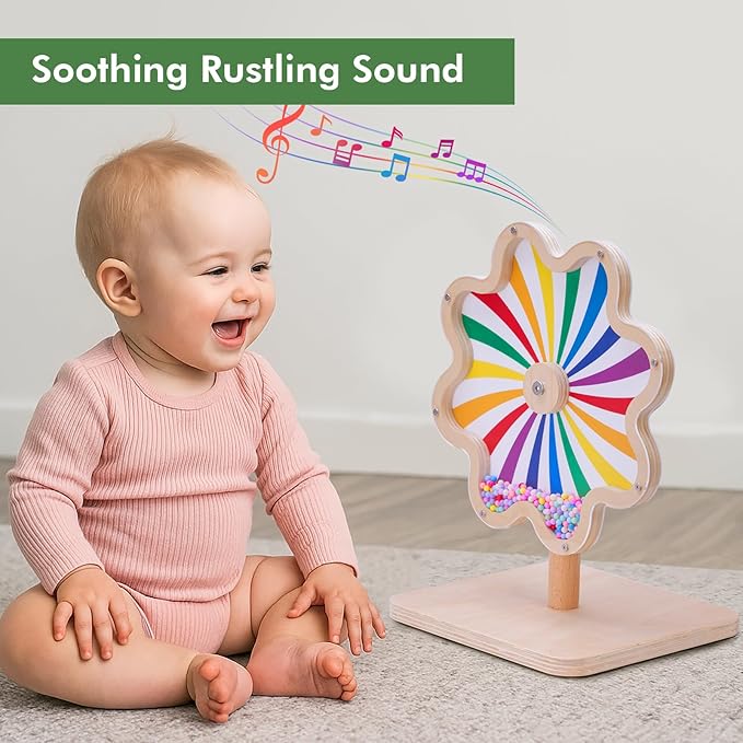 Spinning Activity Drum Toy with Sound, Montessori Wooden Sensory Toy for Babies, Perfect Birthday & Party Gift for 6-18 Months+