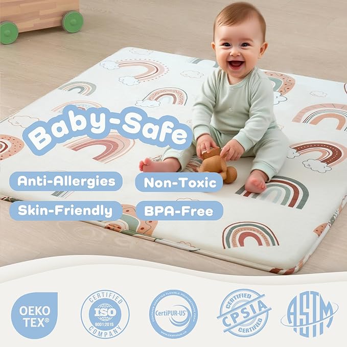 1.5" Thick Premium Baby Floor Play Mat, 50x50 Padded Memory Foam Mat, Tummy Time Crawling Playmat for Nursery Playroom Classroom, Rainbow