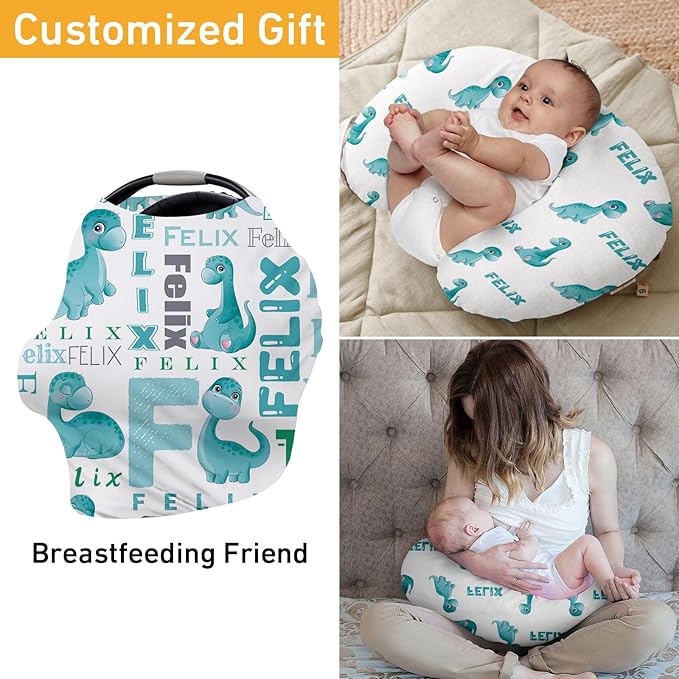 Personalised Car Seat Cover for Girls and Boys - 7 in 1 Multipurpose Breast Feeding Cover, Nursing Cover, Grocery Cart Cover - Birthday Gift for 0-2 Years Babies Green Dinosaur Pattern (27"x29")
