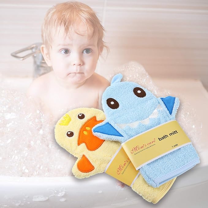 Shappy 2 Pieces Baby Bath Mitt Washcloths with Cute Animal Designs Yellow Duck Shark Towel Gentle Soft Scrub for Toddler Bath and Shower