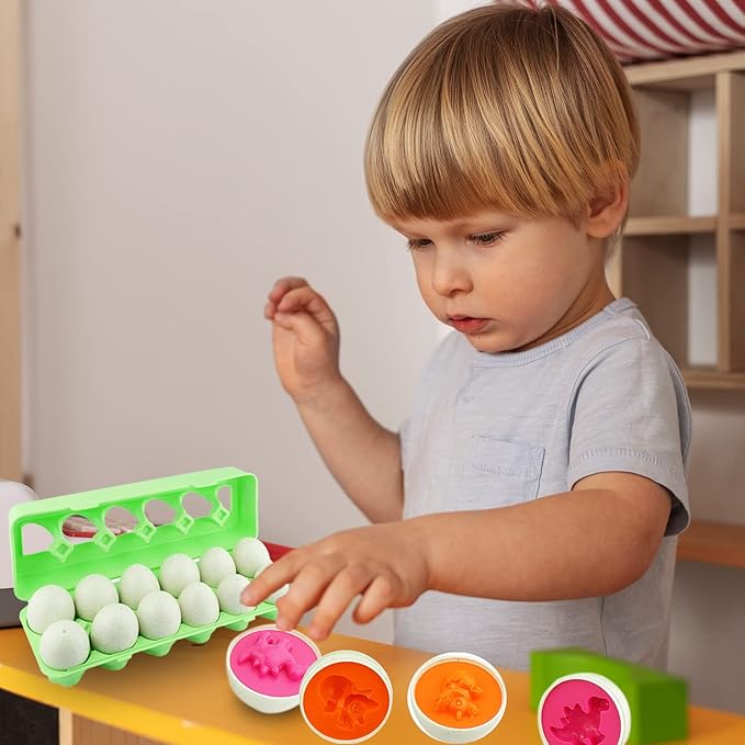 Dimple 12 Dinosaur Egg Matching Toy Play Eggs Easter w/ Holder - Toys for Toddlers STEM Colors & Shapes Recognition Kids Educational Color Sorting Eggs, Multicolored