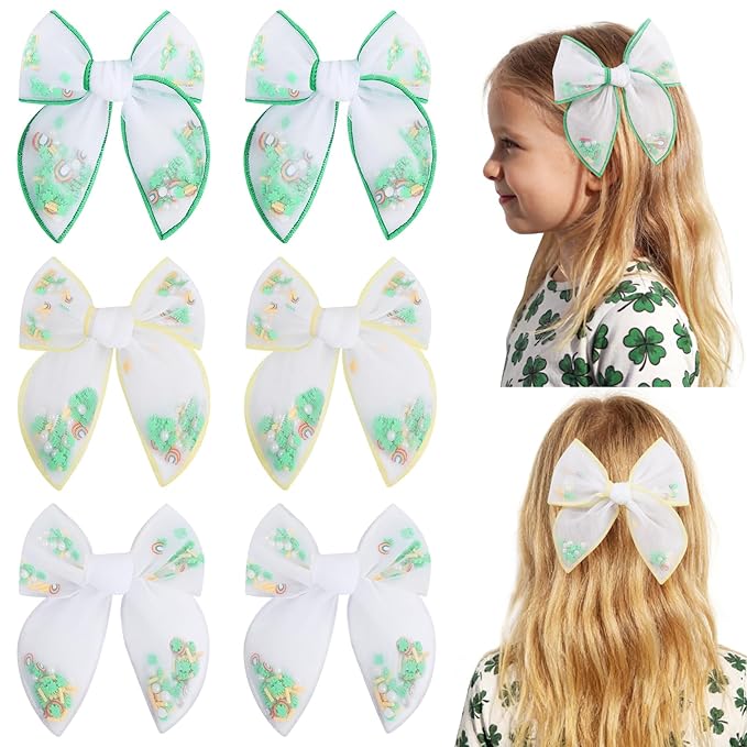CN 6 PCS St.Patrick day Tulle Hair Bows for Girls, Toddler Bows with Glitter Star Alligator