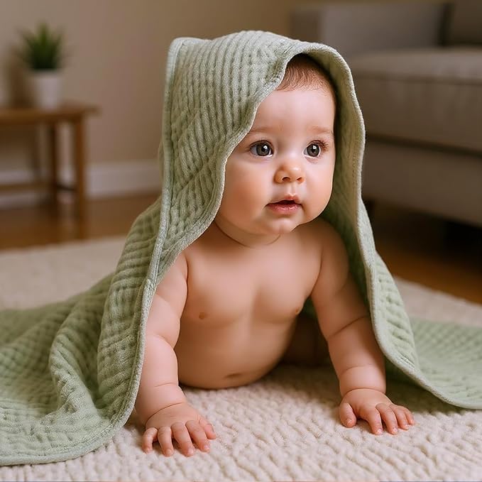 VitalCozy 8 Pcs Baby Muslin Hooded Bath Towels and Washcloths, Muslin Hooded Baby Towels Absorbent Blankets for Gift Newborn Infant Shower (Cream Color)