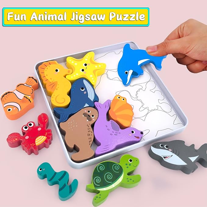 KECIABO Wooden Animal Puzzles Toys for Toddlers,12 Pcs Sea Animals Figures,Animal Matching Sorting Stacking Toy for Boys Child Girls,Educational Learning Toys Gift for Kids