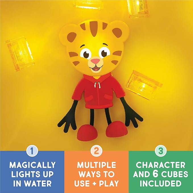 Glo Pals x Daniel Tiger's Neighborhood Water-Activated Bath Toy with 6 Reusable Light-Up Cubes for Sensory Play (Cubes with Character)