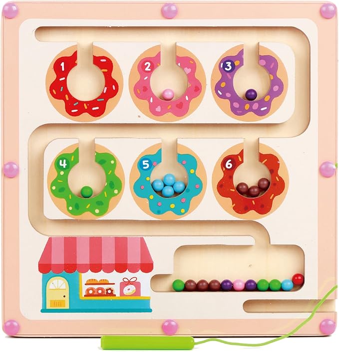 QimuMku Montessori Busy Board for Toddlers 2-4 Magnetic Color and Number Maze Wooden Donut Matching Game 1–6 Counting Learning Toys for Boys Girls Road Trip Essentials