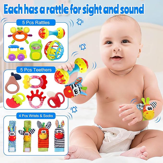 Baby Toys 0-6 Months - Baby Rattles Teething Toys 3-6 Month Infant Toys 6-12 Months Teether Toy 3 4 5 6 Month Old Newborn Essentials Must Haves Wrist Socks Toddler Stocking Stuffers Christmas Gifts