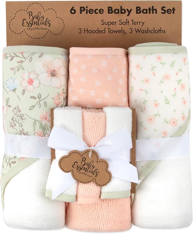 Hooded Baby Bath Towel and Washcloth 6 Piece Set for Newborns, Infants & Toddlers, Boys & Girls Baby Hooded Towels Set Floral Pink
