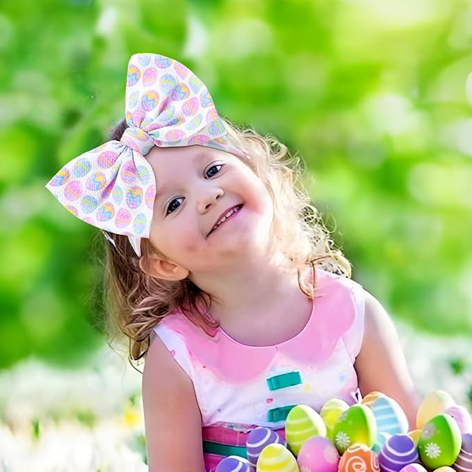 7” Large Baby Bows Easter Egg Bows Headbands for Girls Newborn Infant Elastic Tied Hairbands Bows Easter Cute Hair Accessories Gift Pink White Blue