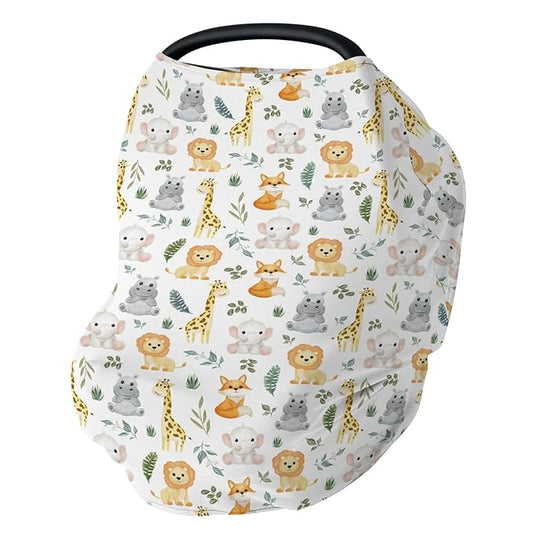 Safari Animals Baby Car Seat Covers Cute Lion Giraffe Elephant Hippo Tropical Leaves Stretchy 5-in-1 Cover Adjustable Infant Carseat Cover Canopy Zoo Jungle Breathable Nursing Cover-Up