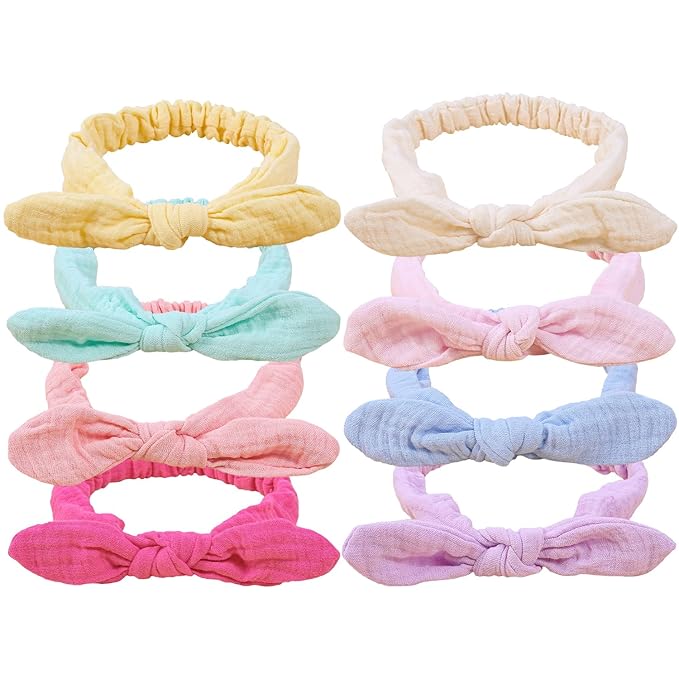 XIMA Baby Girl Headbands, Cotton Rabbit Ears Hairbands for Newbron Infants Toddlers, Removable Rabbit Ear Bows Baby Hair Accessories, Pastel colors Pack of 8