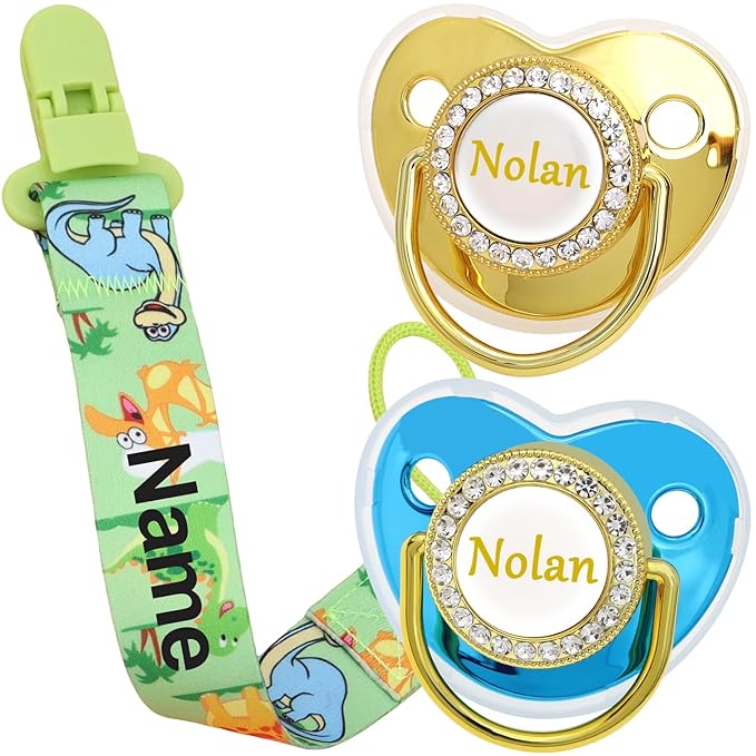 Personalized Handmade Pacifier Set with Name, Custom Handmade Breathable Pacifiers (Dinosaur)