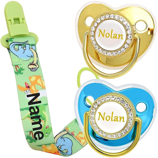Personalized Handmade Pacifier Set with Name, Custom Handmade Breathable Pacifiers (Dinosaur)