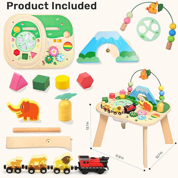 WINGYZ Activity Table for 1 Year Old Toddler, 9-in-1 Multi-Colorful Wooden Montessori Toys, Baby Play Table with Bead Maze Shape Sorter Train Toy, Educational Gifts for 12 Months+ Kids Boys Girls