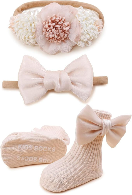 Baby Girls Headband & Socks Set, Cute Socks with Flower Hair Bows Baby Accessories Gifts for Newborn Infant Toddler