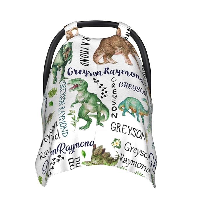 Personalized Baby Car Seat Canopy for Babies with Name, Custom Dinosaur Stroller Car Seat Covers for Boys, Minky Nursing Carseat Cover for Breastfeeding, Car Seat Canopies for Infant Newborn