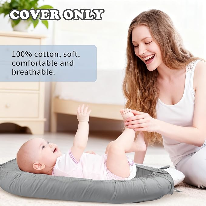 Baby Lounger Cover for Boys and Girls, Gray 100% Cotton Baby Nest Cover, Breathable Replacement Cover for Infant and Newborn Snuggle Me Lounger, Cover Only