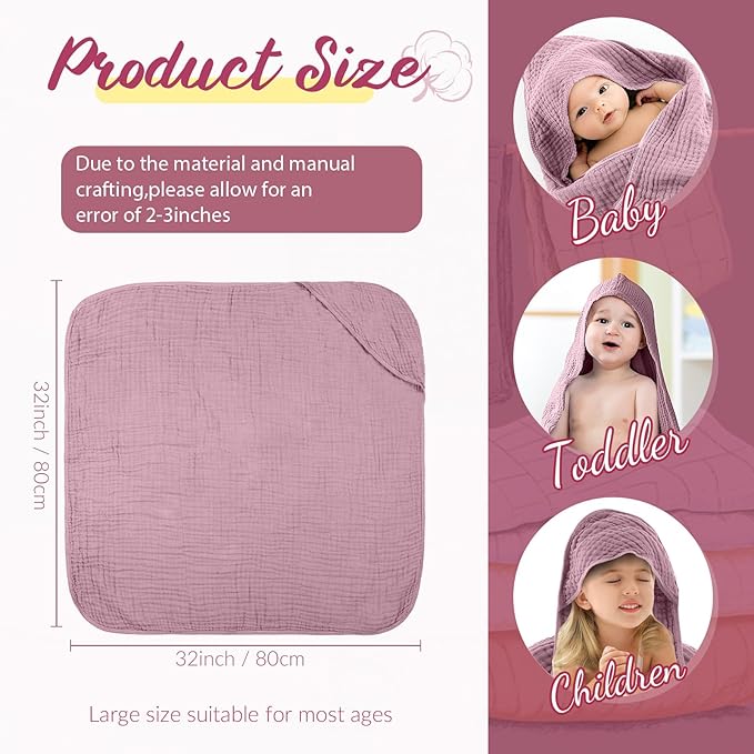 VitalCozy 6 Pcs Baby Muslin Hooded Bath Towels and Washcloths, Muslin Hooded Baby Towels Absorbent Blankets for Gift Newborn Infant Shower (Mauve,Peach Pink)