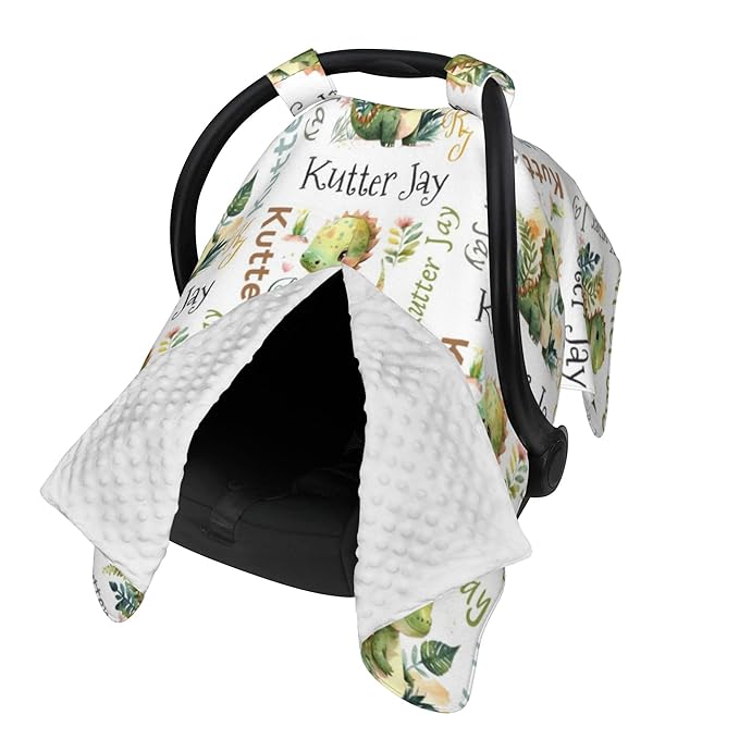 Personalized Winter Carseat Cover for Baby Custom Name Dino Car Seat Canopy for Newborn Baby Boys Girls 2 in 1 Mom Nursing Breastfeeding Covers Dinosaur Minky Baby Carrier Stroller Covers