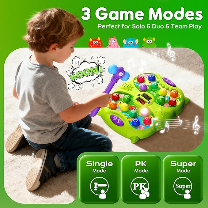 Whack Mole Game for Kids, Idea Gift for 3-12 Year Old Boys and Girls, Interactive Pounding Toy with 2 Hammers, Lights & Sounds, 3 Game Modes Educational Toy for 3 4 5 6+ Year Old Boys- Green
