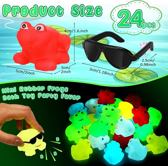 Halloscume 24 Pack Glow in The Dark Rubber Frogs Bulk Luminous Colorful Miniature Frogs with Sunglasses Mini Squeak and Floating Bath Toy Swimming Bathtub Toy for Valentine's Gift Birthday Party Favor