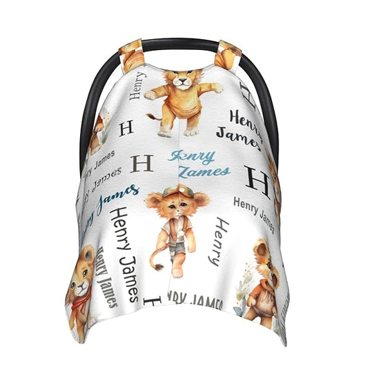 Personalized Baby Car Seat Canopy Minky Lion Baby Blanket Custom Name Baby Car Seat Cover Girls Boys Infant Newborn Carseat Canopy Nursing Cover for Stroller Car Seat Canopies
