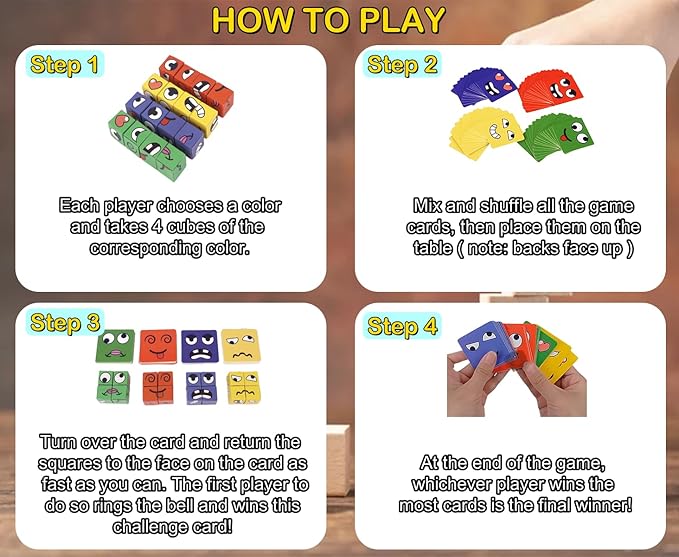 Face Changing Magic Cubes Game - Expression Matching Block Puzzle with Bell, Educational Building Toy for Kids & Adults, Fun Family Board Game