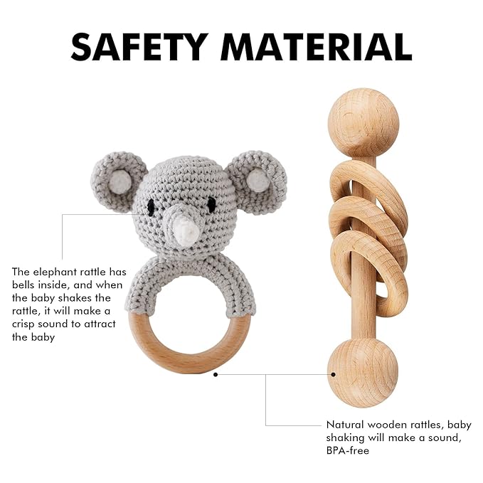 Crochet Elephant and Wooden Animal Rattle Set for Newborns, Baby Wooden Rattle Toy 2PCS