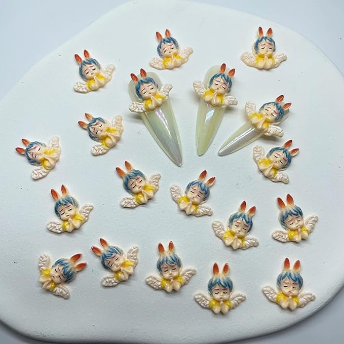 KINGVELLY 3D Cartoon Cute Color Angel Baby Nail Charm,Rabbit Ears and Wings, for Acrylic Nail Art DIY Nail Designs, Chroma, MJ0023