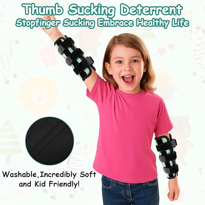 2 PCS Thumb Sucking Deterrent, Green Animals Thumb Guard for Kids Toddlers Nail Biting Treatment, Anti Nose Picking, Scratching Face, Elbow Immobilizer for Boys Girls, Finger Sucking Prevention