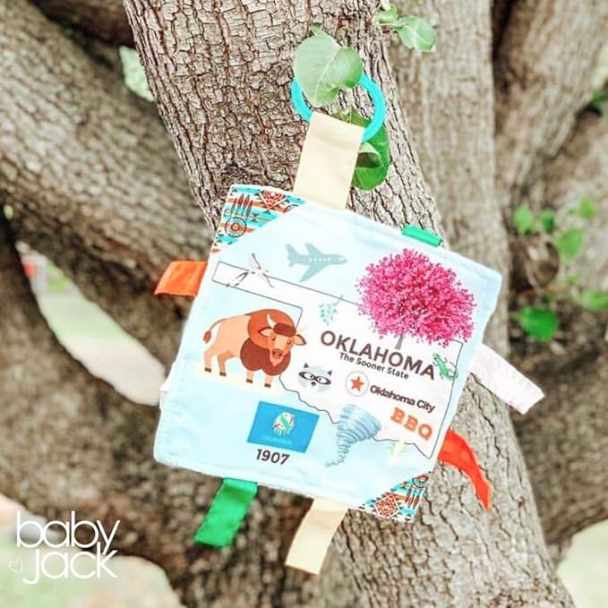 Baby Jack & Co 8x8” Learning Lovey Oklahoma State Tag Stroller Toy for Babies - Crinkle Toys for Developing Five Senses - Learn About Capitals - Travel with Baby Jack - BPA Free w/Stroller Clip