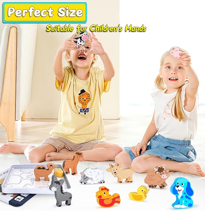 KECIABO Wooden Animal Puzzles Toys for Toddlers,12 Pcs Farm Animal Figures,Animal Matching Sorting Stacking Toys for Boys Child Girls,Educational Learning Toys Gift for Kids