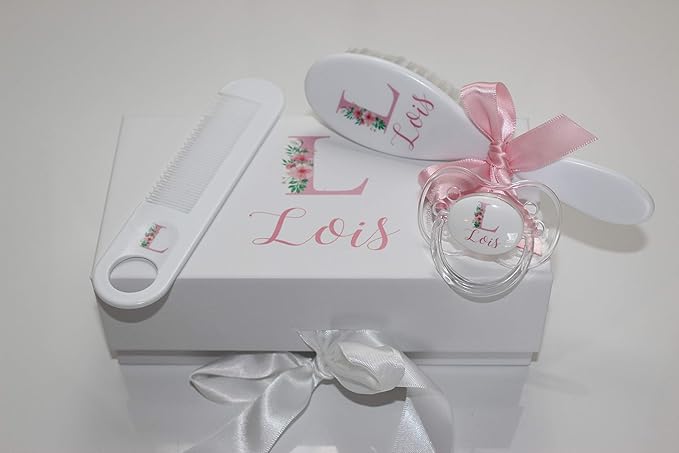 Personalized Baby Gift - Baby Brush, Comb & Pacifier - Suitable for Ages 0-3 Years, New Baby Gift - Pink Floral