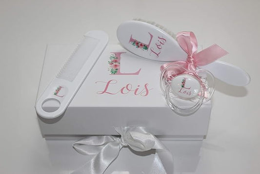 Personalized Baby Gift - Baby Brush, Comb & Pacifier - Suitable for Ages 0-3 Years, New Baby Gift - Pink Floral