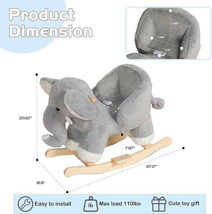 Baby Rocking Horse, Plush Elephant Riding Horse with Music, Wooden Rocking Horse for Toddlers 1 Year Old, Gray Stuffed Ride-on Rocker Animals Toy for Baby Boys and Girls Christmas Birthday Gift Gray