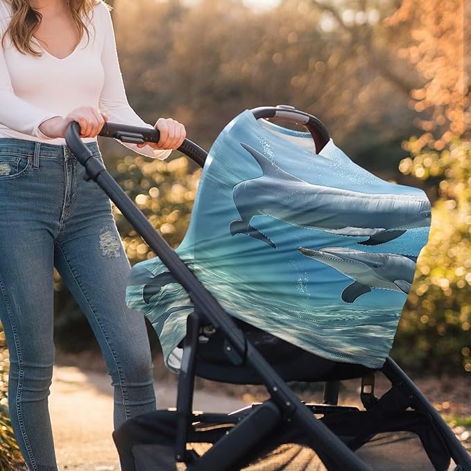 ZFRXIGN Dolphin Baby Car Seat Cover Blue Ocean Theme Nursing Cover for Girls Soft Infant Carseat Canopy,Shopping Cart/High Chair/Stroller Covers, Baby Shower Gifts