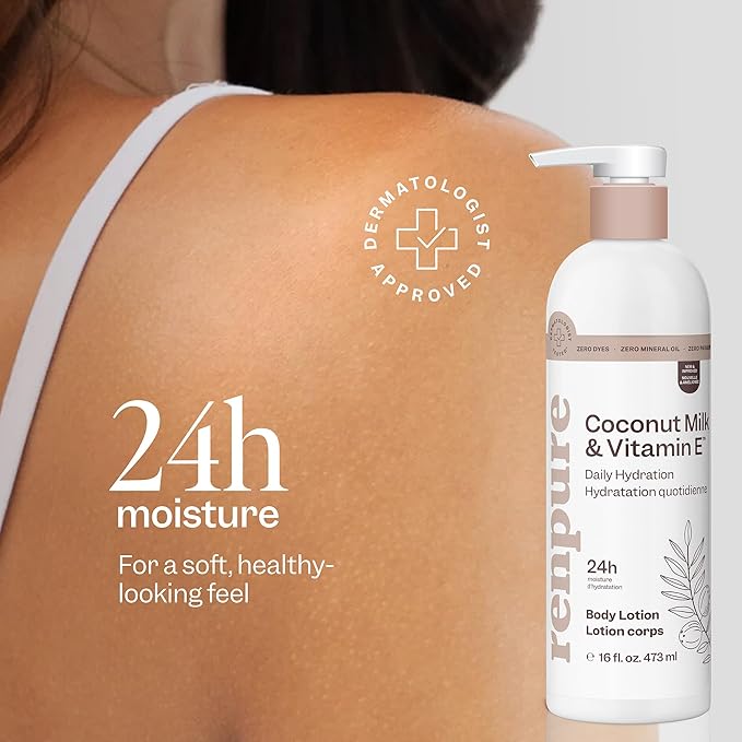 Renpure Coconut Milk & Vitamin E Hydrating Body Lotion – 24HR Moisturization – Lightweight Daily Hydration – For All Skin Types – Coconut Oil & Vitamin E – 16 Fl Oz