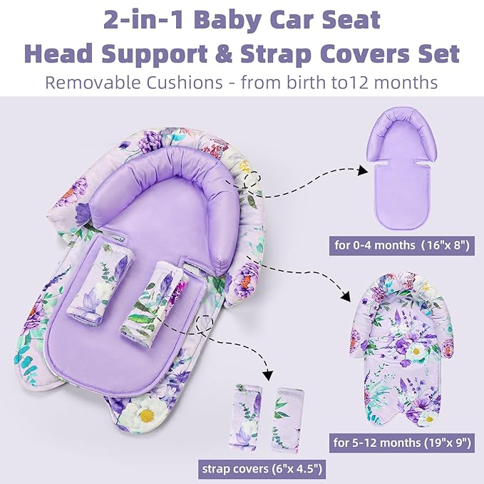 Baby Car Seat Head Support & Strap Covers, Upgraded 2-in-1 Infant Car Seat Insert Cushion for Newborn Girls, Mesh & Minky Fabric, Perfect for Carseat, Stroller, Swing, Extra Soft, Purple